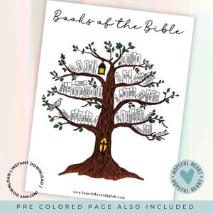 May include: A printable chart of the books of the Bible in the shape of a tree. The tree has brown branches and green leaves. The books of the Bible are written on white books with black text. The title "Books of the Bible" is at the top of the chart.