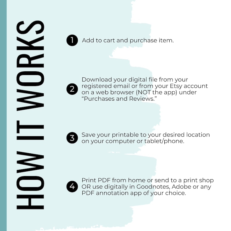 May include: A light blue background with a white outline. The text "HOW IT WORKS" is written in black, vertically down the left side of the image. Four numbered steps are listed with instructions on how to download and use a digital printable.