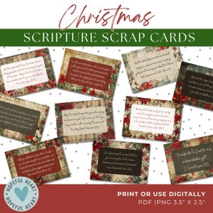 May include: A collection of Christmas Scripture Scrap Cards with various Bible verses. Each card features a plaid background, floral accents, and text. The cards are rectangular, measuring 3.5" x 2.5". The words "Christmas" and "Scripture Scrap Cards" are at the top.