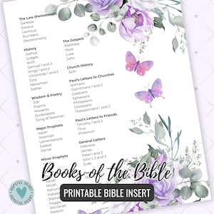 May include: A printable Bible insert featuring a list of the books of the Bible, categorized by section. The design includes floral watercolor elements in shades of purple and green, with two butterfly illustrations. The text "Books of the Bible" is prominently displayed.