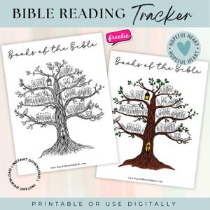 May include: Printable Bible reading tracker featuring a tree illustration. The tree has branches with books on them, and the text "Books of the Bible" is at the top of the page. The tracker is available as a free download.