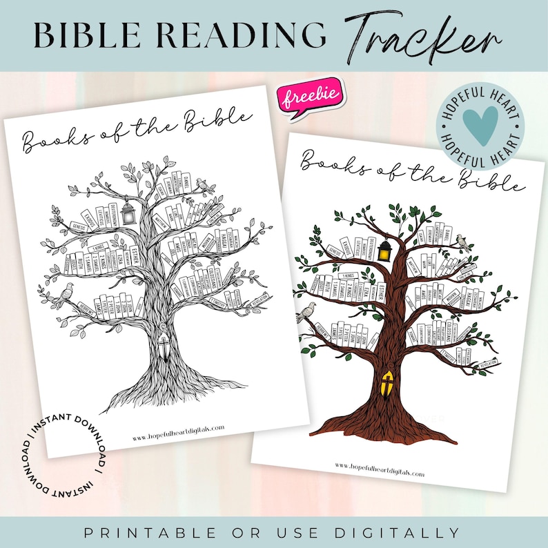 May include: Printable Bible reading tracker featuring a tree illustration. The tree has branches with books on them, and the text "Books of the Bible" is at the top of the page. The tracker is available as a free download.