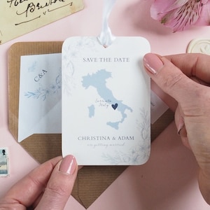 Luggage Tag Save the Date, Floral Map Wedding Location, Destination Save The Date, Personalised Country Travel Tag, Delicate Floral