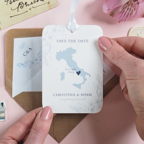 Luggage Tag Save the Date, Floral Map Wedding Location, Destination Save The Date, Personalised Country Travel Tag, Delicate Floral