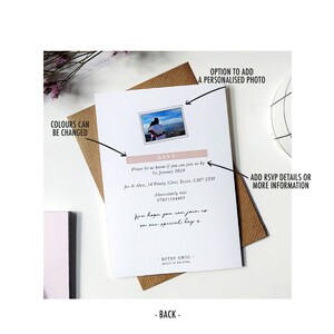 May include: A white RSVP card with a pink and white stripe at the top. The card has a small photo of a couple in a landscape setting. The text on the card reads "RSVP Please let us know if you can join us by 1st January 2024 Joe & Alex, 14 Trinity Close, Essex, CM17 2TH Alternatively text 07851164485 We hope you can join us on our special day x DITSY CHIC - MADE IN BRITAIN -"