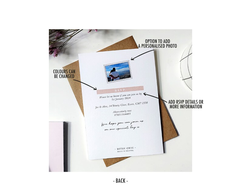 May include: A white RSVP card with a pink and white stripe at the top. The card has a small photo of a couple in a landscape setting. The text on the card reads "RSVP Please let us know if you can join us by 1st January 2024 Joe & Alex, 14 Trinity Close, Essex, CM17 2TH Alternatively text 07851164485 We hope you can join us on our special day x DITSY CHIC - MADE IN BRITAIN -"