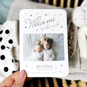 Tarjeta de agradecimiento personalizada para bebé con foto, agradecimiento de bautizo, Hola Mundo, nuevo diseño fotográfico a medida, paquete de postales de agradecimiento para recién nacidos