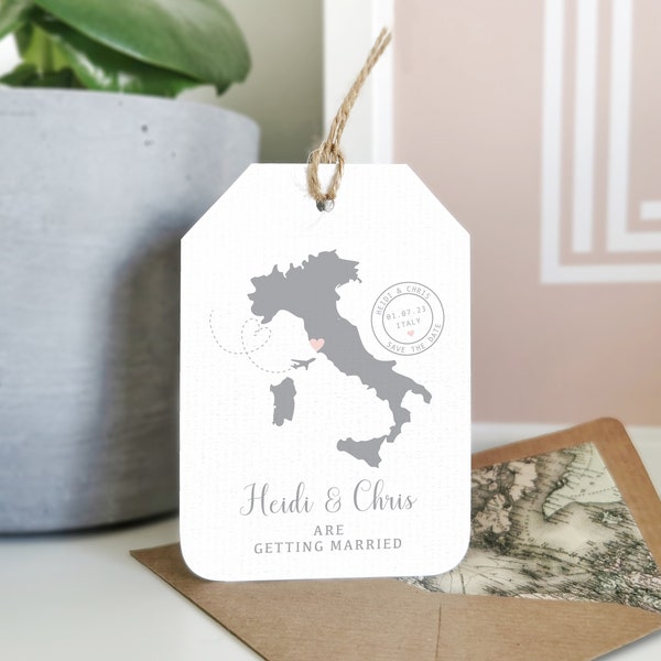Luggage Tag Save the Date | Map Wedding Location | Destination Save The Date | Personalised Country Travel Tag  | Printed with Envelopes