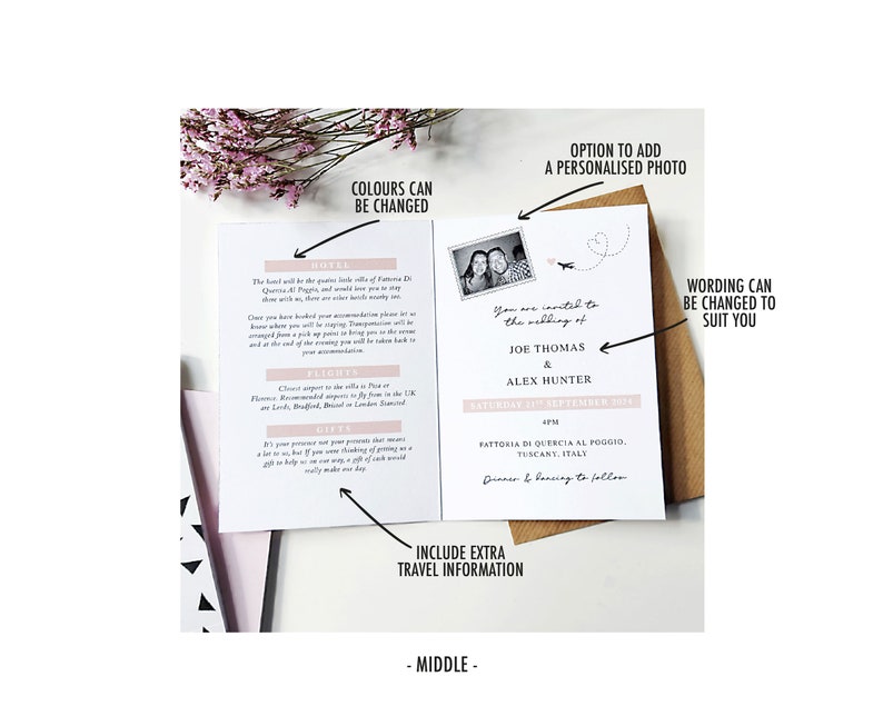 May include: A pink and white wedding invitation with a photo of the couple, the text "You are invited to the wedding of Joe Thomas & Alex Hunter" and the date "Saturday 18th September 2019".