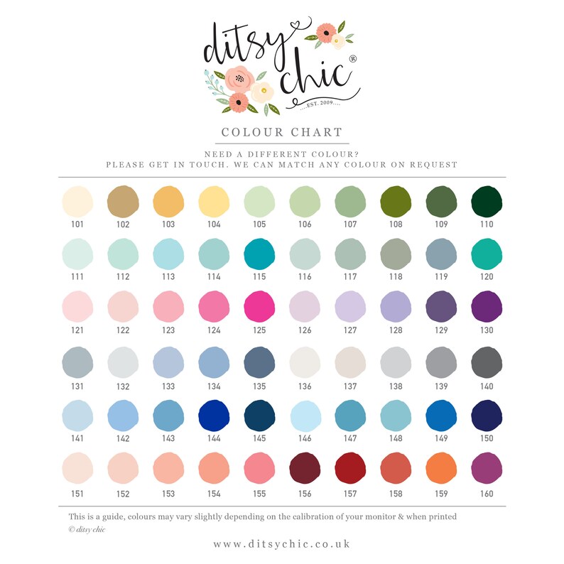 May include: Colour chart with 160 different colour swatches. Each swatch is labelled with a number from 101 to 160. The chart is titled "Colour Chart" and includes the text "Need a different colour? Please get in touch. We can match any colour on request."