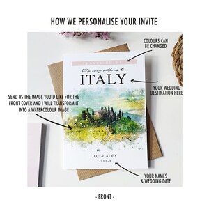 May include: A watercolour illustration of a scenic Italian landscape with rolling hills, a winding road, and a small village. The text "Fly away with us to ITALY" is at the top of the image. The names "JOE & ALEX" and the date "21.09.24" are at the bottom of the image. This is a customizable wedding invitation.