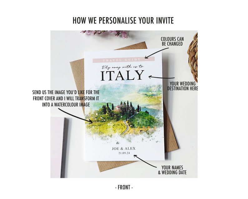 May include: A watercolour illustration of a scenic Italian landscape with rolling hills, a winding road, and a small village. The text "Fly away with us to ITALY" is at the top of the image. The names "JOE & ALEX" and the date "21.09.24" are at the bottom of the image. This is a customizable wedding invitation.