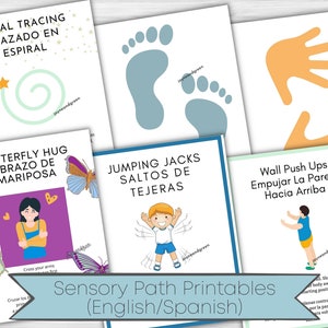 May include: A set of printable sensory path activity cards for kids. The cards feature illustrations of activities like tracing a spiral, hugging like a butterfly, jumping jacks, and wall push-ups. The cards are in English and Spanish.