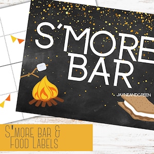 S&#39;more Bar Printable Sign, S&#39;more Bar Food Labels, S&#39;more Bar Food Place cards, Camp Party Sign and Labels