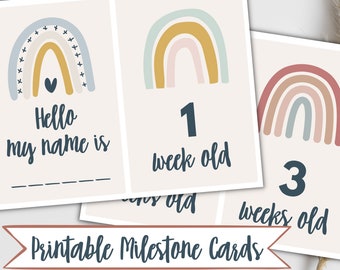 Tarjetas de hitos de bebé con arcoíris neutro, imprimibles mensuales (patrón PDF)