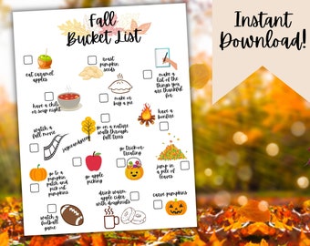 Fall Bucket List Printable, Autumn Bucket List Instant Download Print, Fall Checklist Printable