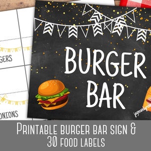 Burger Bar Sign Printable, Burger Bar Food Labels Printables, Hamburger Bar Sign, BBQ Table Decor