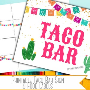 Taco Bar Druckbares Schild, Taco Bar Lebensmitteletiketten, Taco Bar Essen Tischkarten, Cinco de Mayo Fiesta Schild und Etiketten