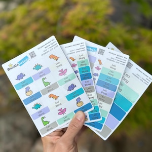 Namensetiketten für Kinder, Kinderetiketten, Schulaufkleber, Wasserfeste Namensetiketten, Sorbet-Farbe, Katzenstil, Personalisiert, Spülmaschinenfest, Lageretiketten