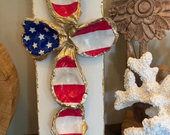 Patriotic Oyster Shell Cross On Canvas