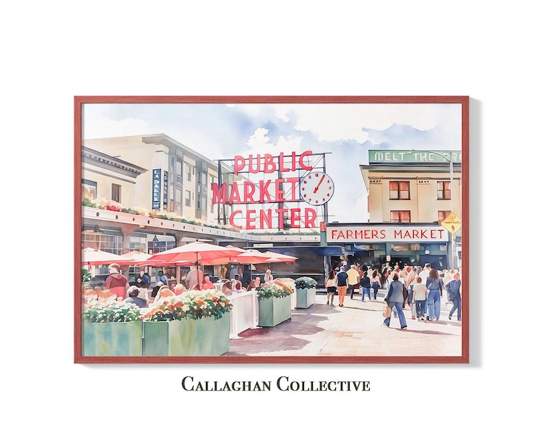 Callaghan Collective Watercolor Painting of Pike Place Market in Seattle Washington featuring the Public Market Center sign, red umbrellas, and the Farmers Market crowd, Pacific Northwest wall art for apartment or office decor.