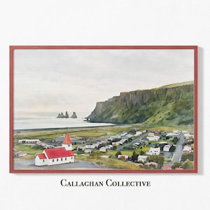 May include: A watercolor painting of a small white church with a red roof, nestled in a green valley. The church is surrounded by a small town, with a mountain range in the background. The sea is visible in the distance.