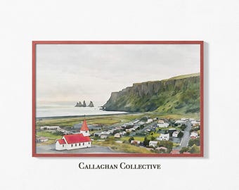 May include: A watercolor painting of a small white church with a red roof, nestled in a green valley. The church is surrounded by a small town, with a mountain range in the background. The sea is visible in the distance.