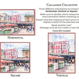 Callaghan Collective Watercolor Painting of Pike Place Market in Seattle Washington featuring the Public Market Center sign, red umbrellas, and the Farmers Market crowd, Pacific Northwest wall art for apartment or office decor.