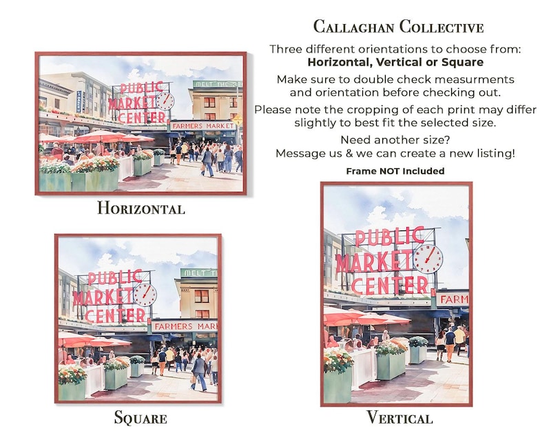 Callaghan Collective Watercolor Painting of Pike Place Market in Seattle Washington featuring the Public Market Center sign, red umbrellas, and the Farmers Market crowd, Pacific Northwest wall art for apartment or office decor.