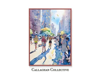 Pode incluir: Pintura em aquarela de uma corrida de maratona em um cenário urbano. Os corredores em roupas esportivas são retratados em um dia ensolarado, com edifícios altos e espectadores ao longo da rota. A obra de arte é emoldurada em uma moldura de madeira marrom. O texto "Callahan Collective" está na parte inferior.