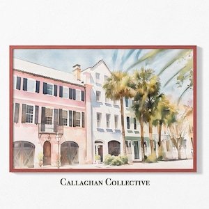 Charleston Prints Rainbow Row Watercolor South Carolina Wall Art Charleston SC Colorful House Painting Light Pink Wall Art