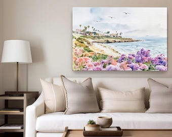 San Diego Watercolor Print, La Jolla California - Purple Wildflower Coastal Wall Art, Beach House Decor, Travel Gift