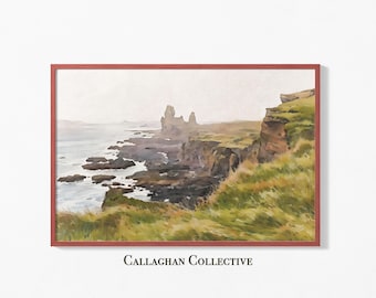 May include: A watercolor painting of a rocky coastline with a dramatic cliff face and a distant view of the ocean. The painting is in shades of green, brown, and blue, with a hint of white for the clouds.