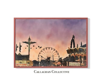 New York State Fair Sunset Watercolor Painting – Syracuse Artwork Ferris Wheel Print, Vintage Carnival Poster
