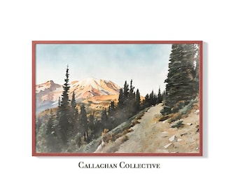 Washington Mount Rainier Watercolor Painting – Pacific Northwest Wall Art, National Park Poster, Seattle WA Above Bed Art