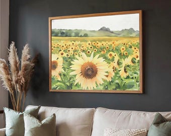 Sunflower Field Watercolor Painting, Finger Lakes New York - Upstate NY Wall Art, Cottage Core Farmhouse Decor, Wildflower Print