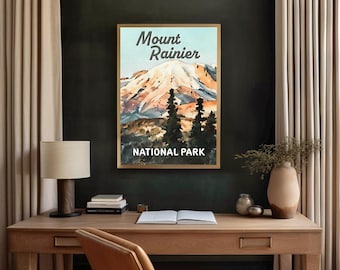 Mount Rainier National Park Poster, Washington Watercolor Wall Art, PNW Mountain Print, Framed National Park Art or Canvas