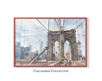 Brooklyn Bridge Watercolor Painting – NYC Skyline Wall Art Print for Modern Home or Office