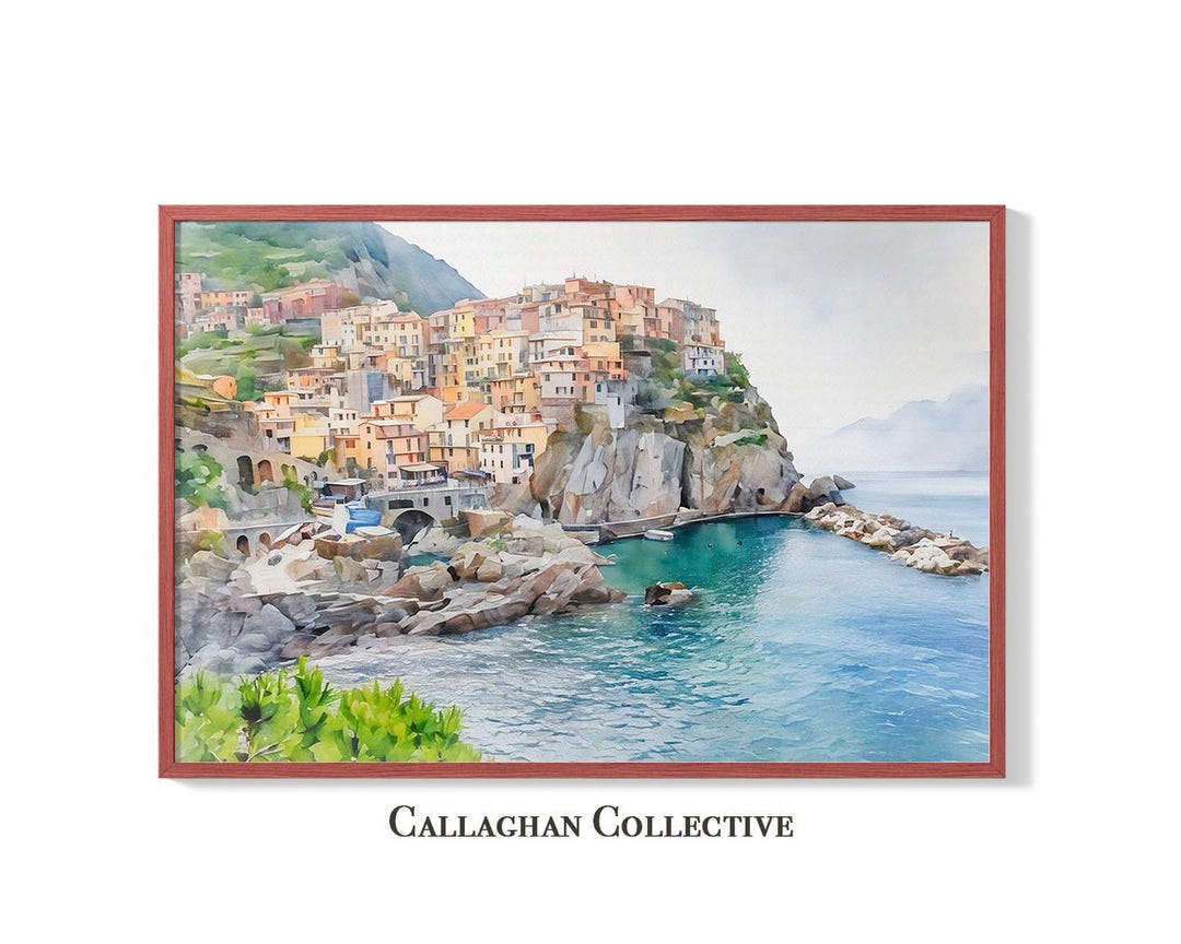 Italy Watercolor Cinque Terre Painting – Vernazza Italy Coastal Wall ...