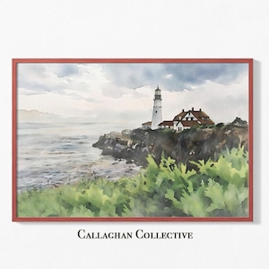 Portland Head Lighthouse Moody Watercolor Painting, Maine Coast Wall Art, Coastal Watercolor Artwork, Nautical Gift, Seaside Decor