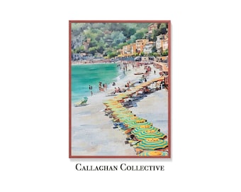 Cinque Terre Italy Watercolor Painting – Coastal Beach Umbrella Wall Art for Beachy or Maximalist Home Decor