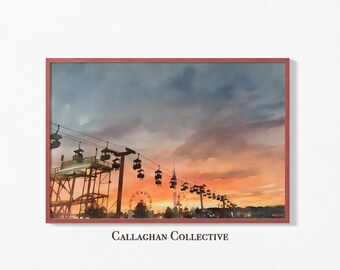 New York State Fair Watercolor, Syracuse NY Wall Art, Sunset Midway Painting, Great NY State Fair Print, Ferris Wheel