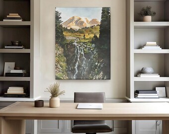 Myrtle Falls Mount Rainier National Park Wall Art – Washington State Mountain Waterfall Watercolor Landscape