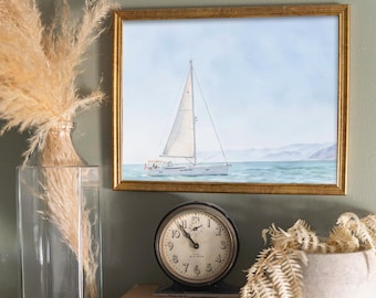 Sailboat Watercolor Print, Southern California Coast - Nautical Wall Art, Beach House Decor, Coastal Ocean Gift