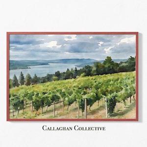 Finger Lakes Vineyard Watercolor Painting, Keuka Lake Wall Art, New York Winery Decor