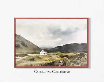 May include: A watercolor painting of a white house with a red roof in a green valley. The house is surrounded by rolling hills and a cloudy sky. The painting is framed in a red frame.