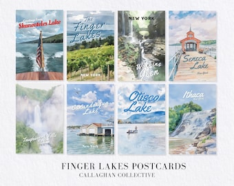Finger Lakes Postcards, New York Watercolor Mini Art Print Bundle, Skaneateles Lake, Watkins Glen, Ithaca, Lake House Gift, NY Souvenir
