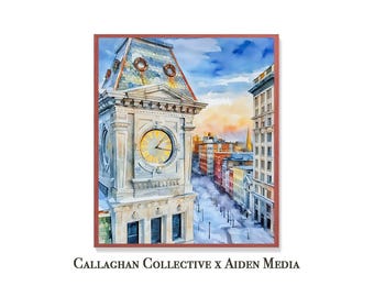 Clinton Square Clock Tower, Winter Watercolor Print, Syracuse New York | Callaghan Collective x Aiden Media