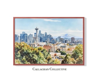 Seattle Skyline Watercolor Painting – Space Needle Print Washington State, Pacific Northwest Wall Art