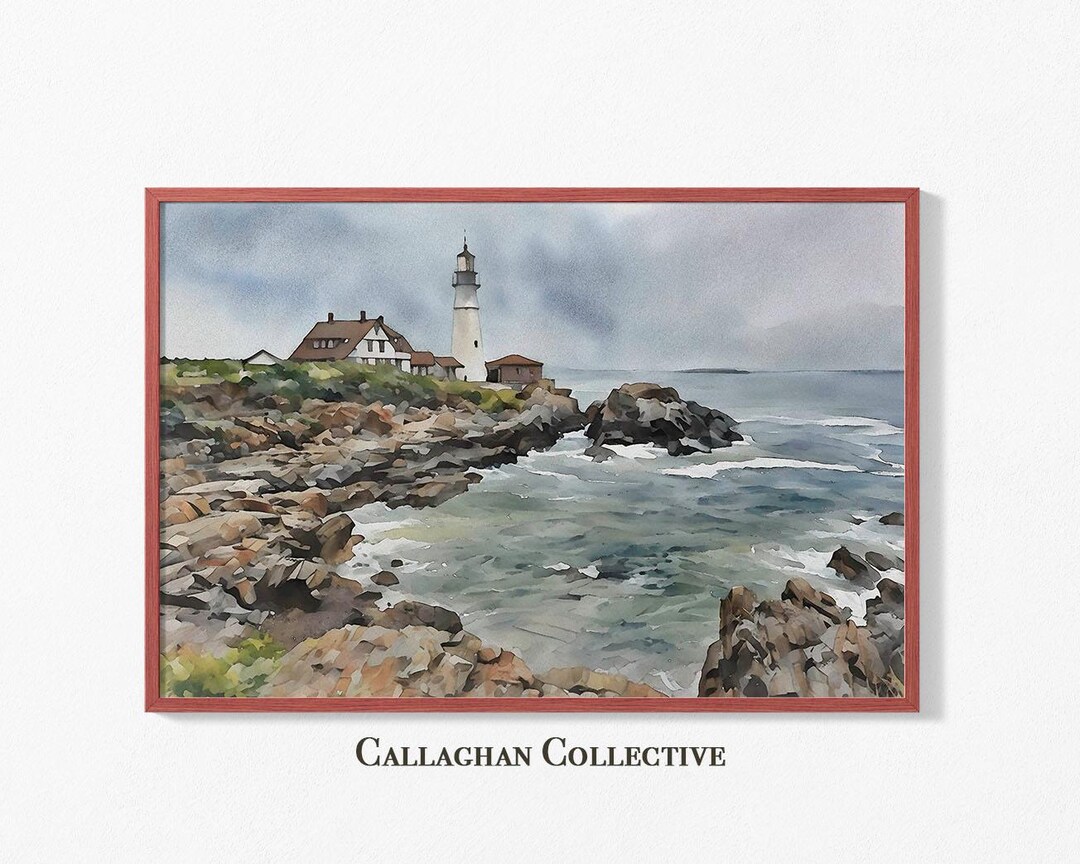 Portland Head Lighthouse Watercolor Painting, Portland Maine Wall Art ...